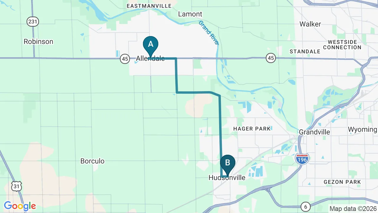 Driving directions map from Allendale, MI to Lincoln Park Rehab in Miramar