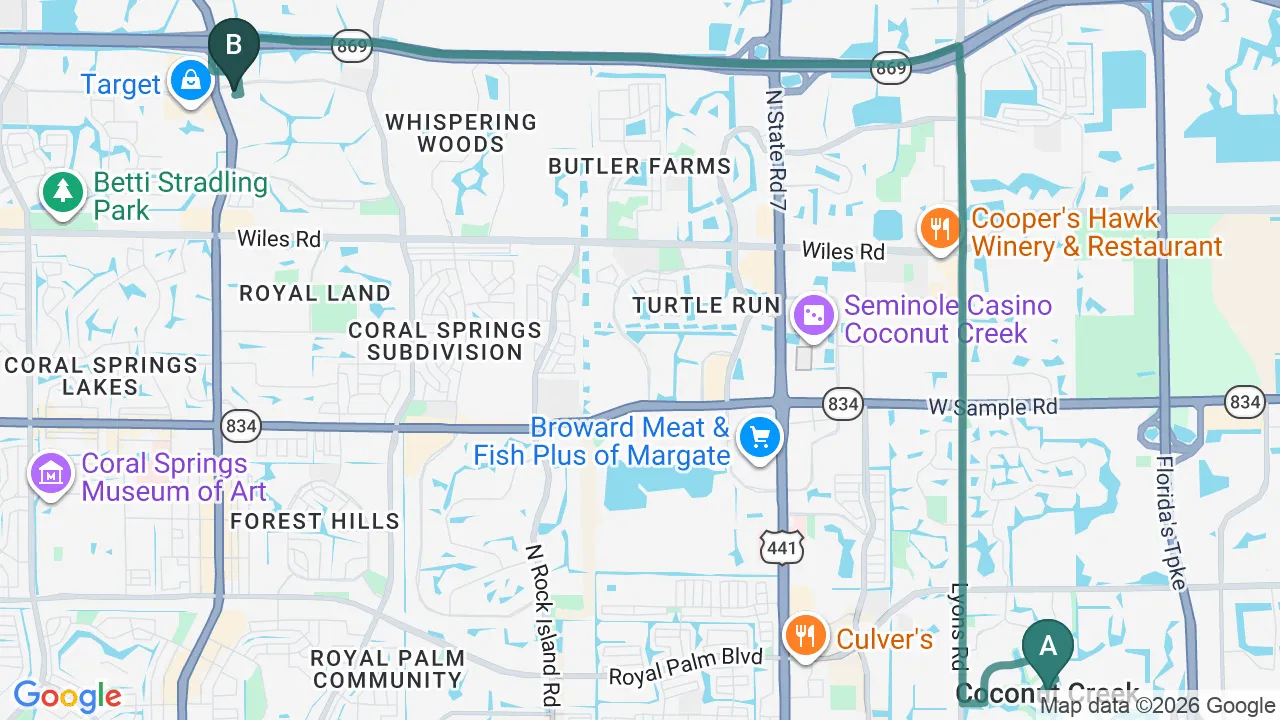 Driving directions map from Coconut Creek, FL to Lincoln Park Rehab