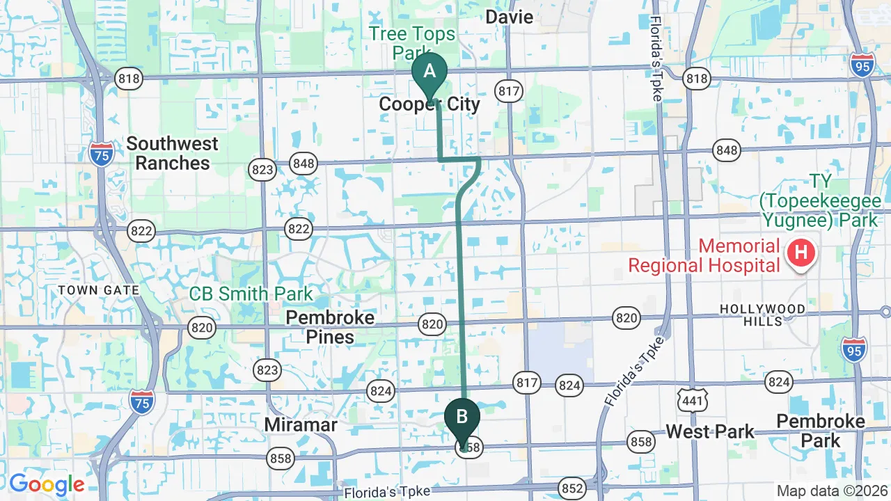 Driving directions map from Cooper City, FL to Lincoln Park Rehab