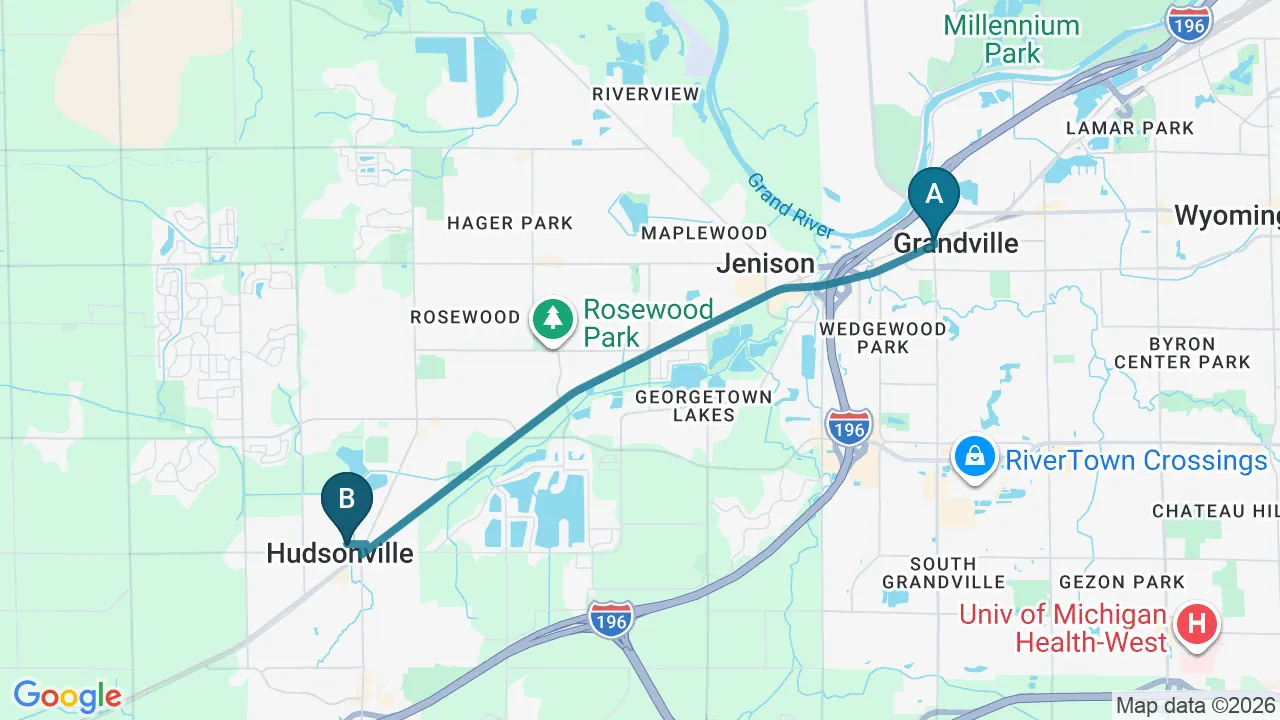 Driving directions map from Grandville, MI to Lincoln Park Rehab in Miramar