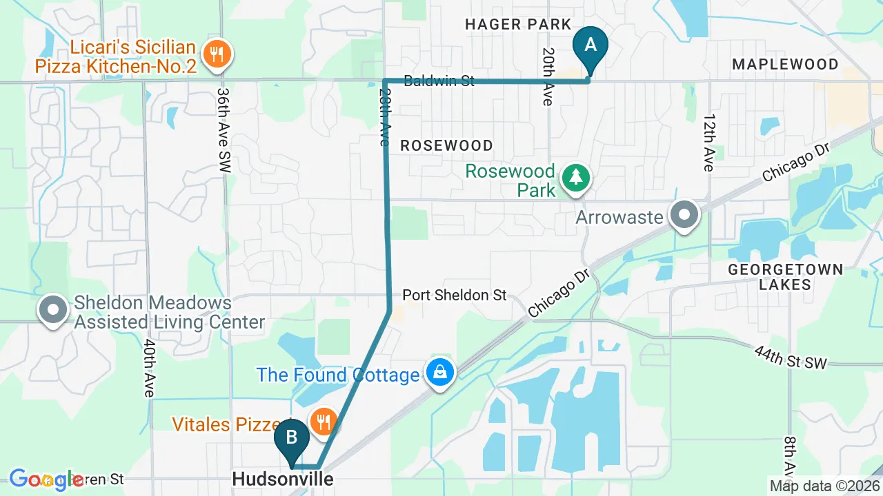 Driving directions map from Jenison, MI to Lincoln Park Rehab in Miramar