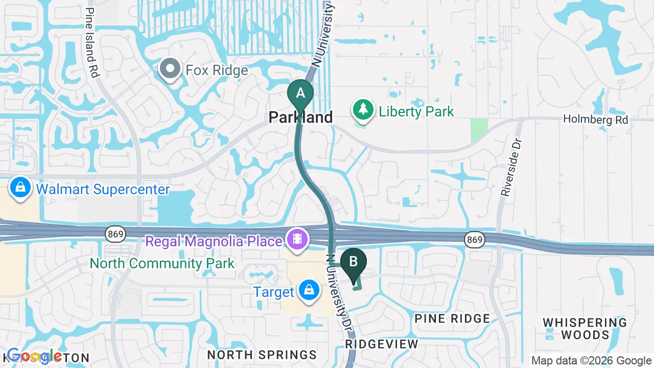 Driving directions map from Parkland, FL to Lincoln Park Rehab