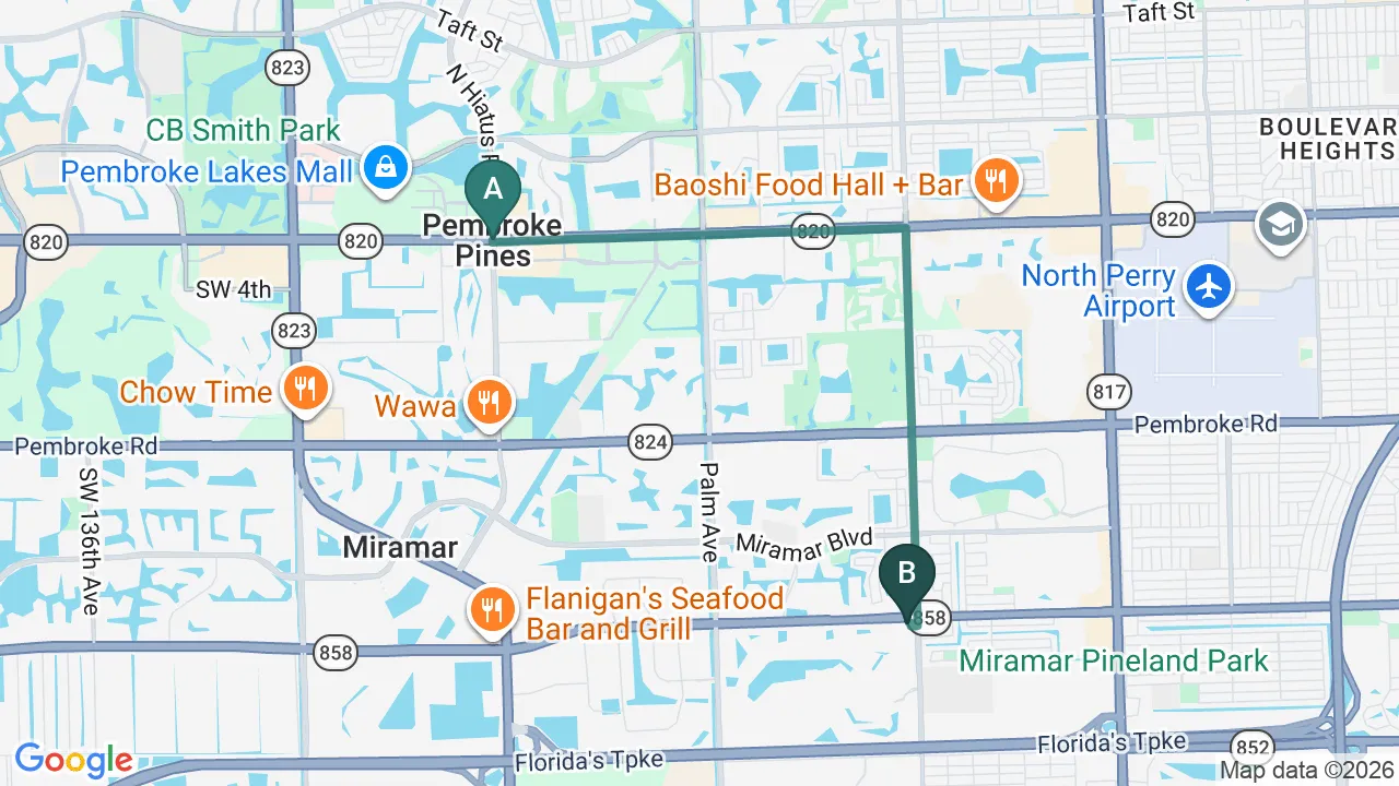 Driving directions map from Pembroke Pines, FL to Lincoln Park Rehab