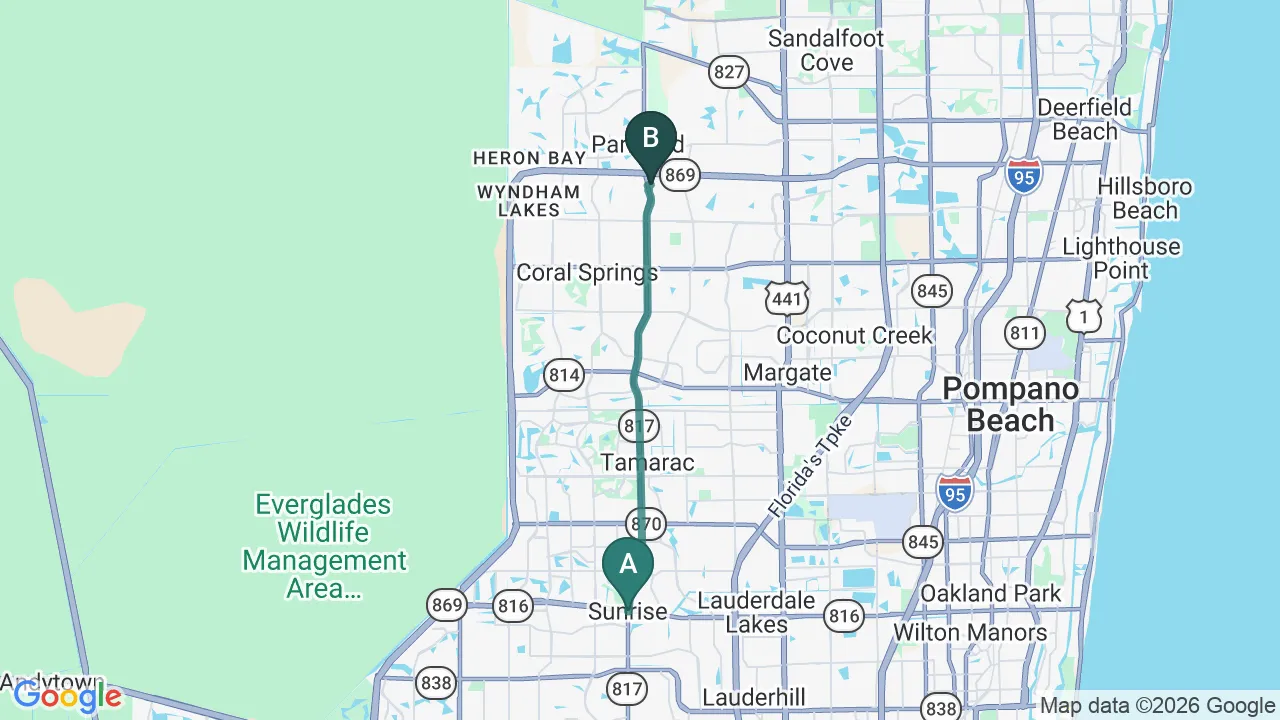 Driving directions map from Sunrise, FL to Lincoln Park Rehab