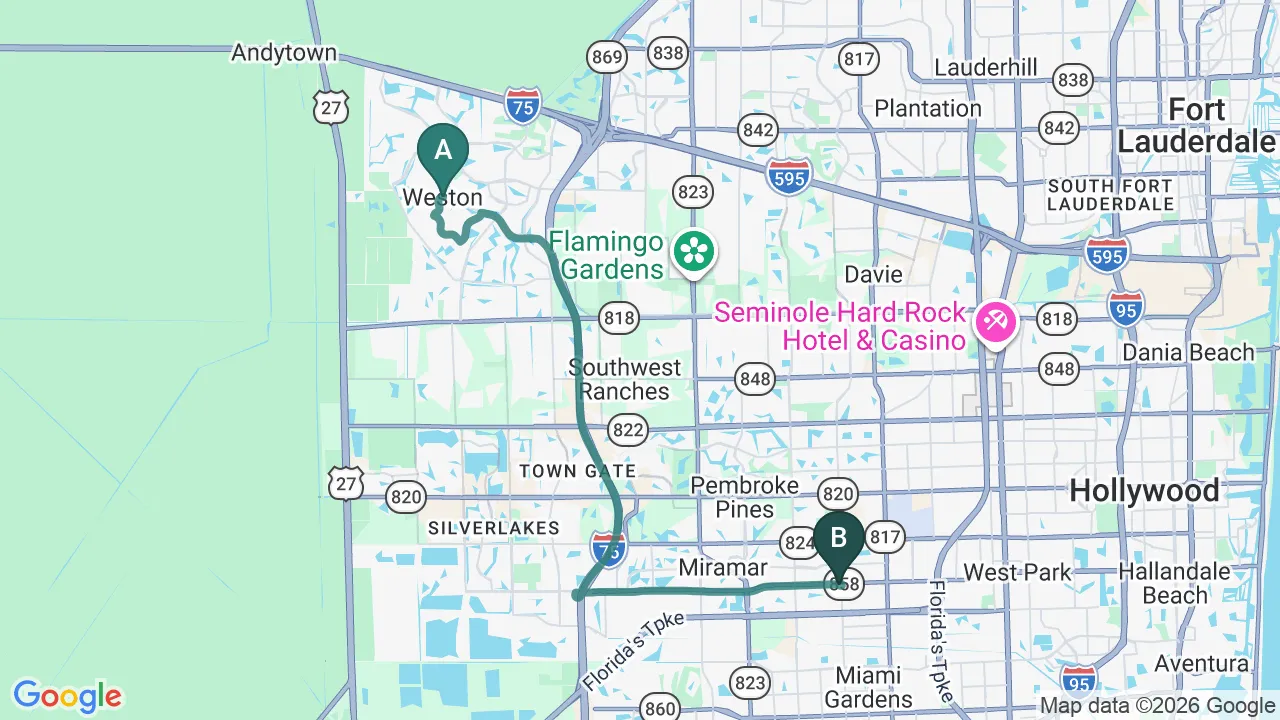 Driving directions map from Weston, FL to Lincoln Park Rehab