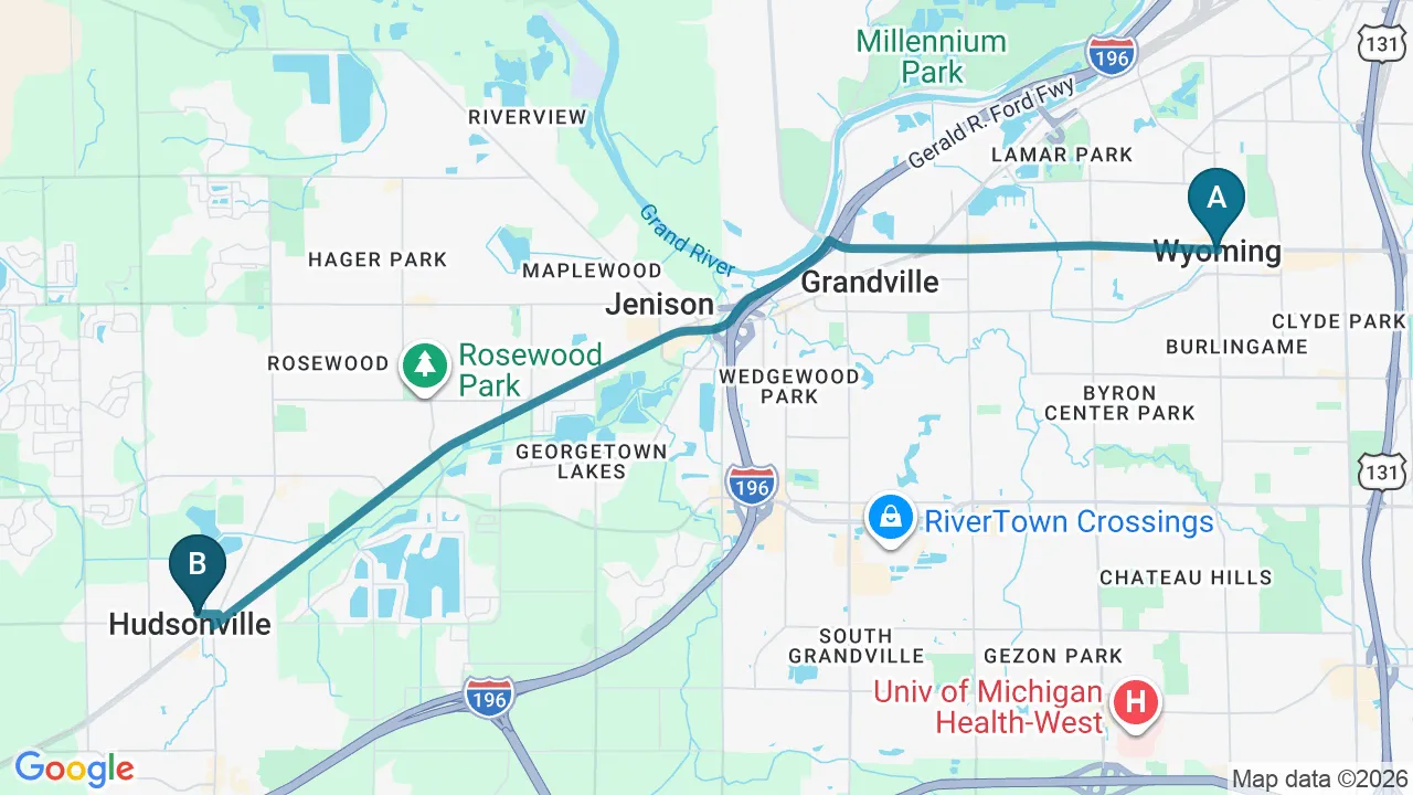 Driving directions map from Wyoming, MI to Lincoln Park Rehab in Miramar
