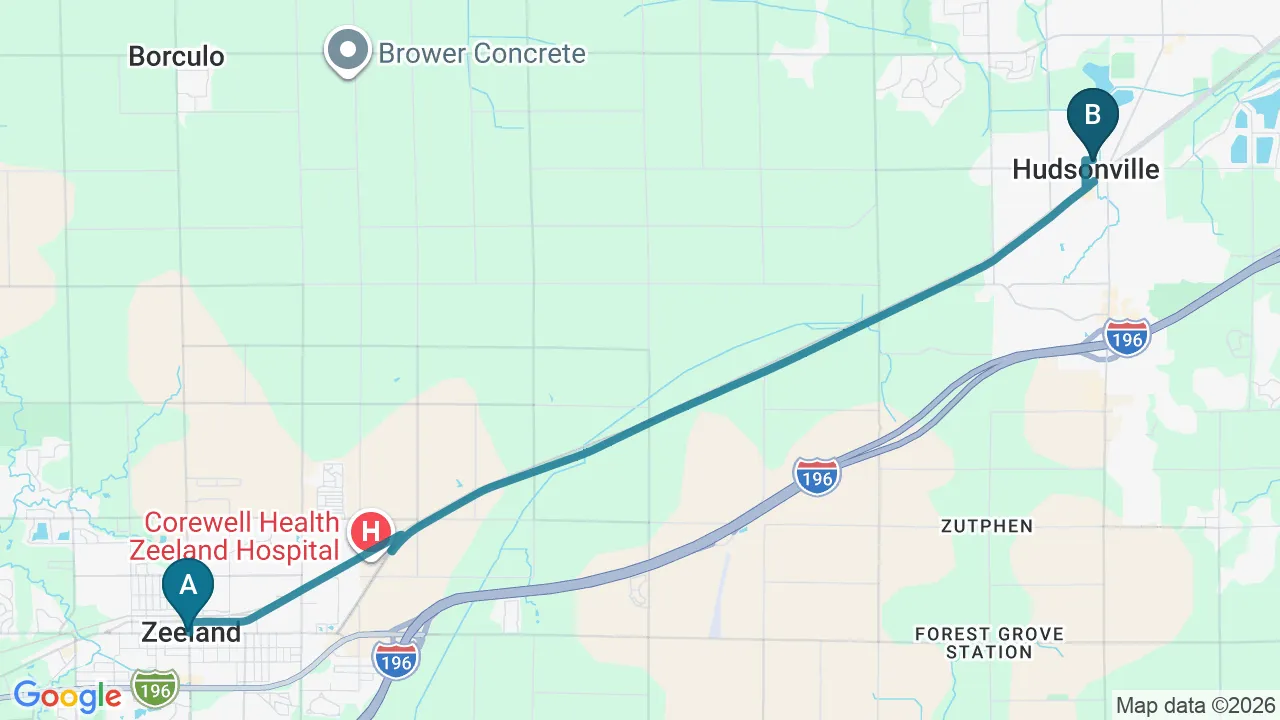 Driving directions map from Zeeland, MI to Lincoln Park Rehab in Miramar